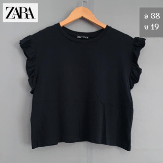 ZARA x Cotton x M ดำสนิทแขนระบาย ผ้านุ่ม อก 38 ยาว 19 ❌Tag ตัด Code: c-014(6)