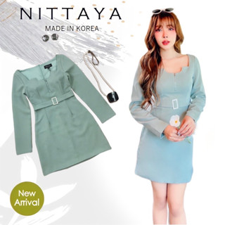 เดรสสีเขียวมิ้น เดรสคอเหลี่ยมแขนยาว Nittaya