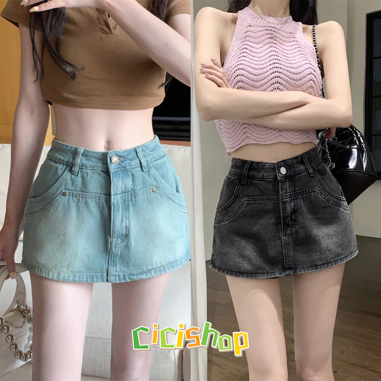 Cicishop(988/725)กระโปรงกางเกงยีนส์สั้น ดีเทลกระเป๋าหน้าสุดเก๋ สวยสับแบบสาวY2K