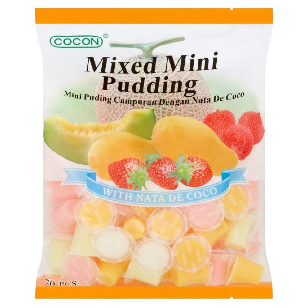 Cocon Mixed Mini Pudding With Nata De Coco มินิพุดดิ้งรสผลไม้ 1 ห่อ มี 70 ชิ้น น้ำหนัก 1,050 กรัม BB