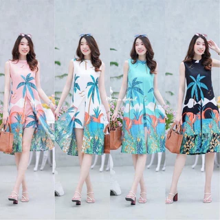 (มี2 ไซส์)เสื้อคอปีนแขนกุดลายต้นมะพร้าว แหวกด้านหน้า + กางเกงขาสั้น
