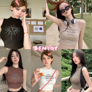 bentoy(bratop512)เสื้อกล้าม เสริมฟองน้ำ คอเต่า แขนกุด ลายอังกฤษหน้าอก เก๋ๆ ครอปท็อปรัดรูป