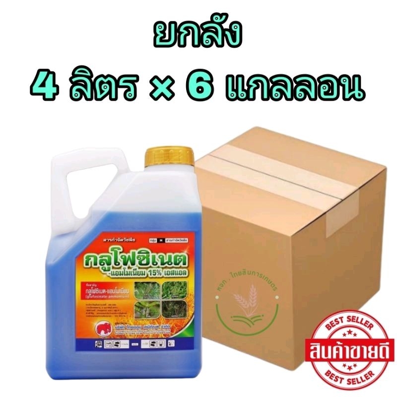กลูโฟซิเนต แอมโมเนียม 15% เอสแอล 4 ลิตร ตราช้างไทยออน ยาฆ่าหญ้าออกฤทธิ์ทั้งเผาไหม้และดูดซึม แบบยกลัง