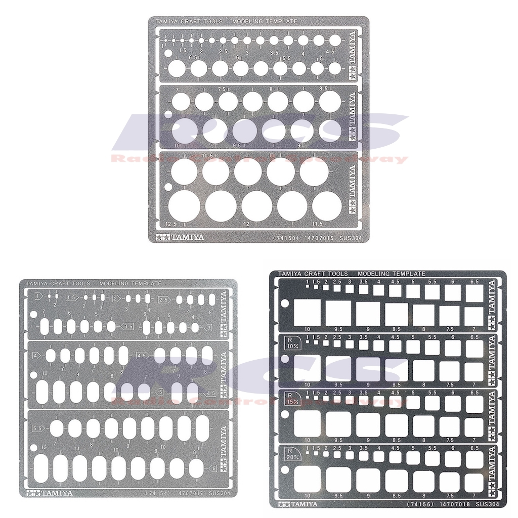 TAMIYA MODELING TEMPLATE #74150 (ROUND, 1-12.5mm), #74154 (ROUNDED RECTANGLES, 1-6mm), #74156 (SQUARE, 1-10mm)
