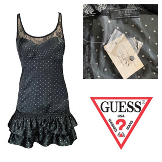 Sale Guess(เกสส์) ชุดเดรสผู้หญิง เดรสสั้น สีดำลายจุด แขนกุดลูกไม้ กระโปรงระบายชาย