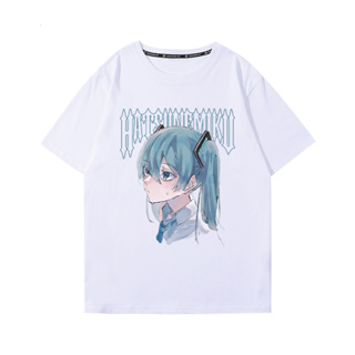 Hatsune Miku อะนิเมะพิมพ์สองมิติแขนสั้นเสื้อยืดคู่ผ้าฝ้ายแท้แฟนน่ารักต้องมี