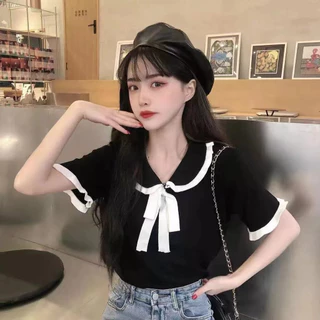DODO🌟พร้อมส่ง🌟เสื้อไหมพรม แต่งขอบระบาย ผูกโบว์หน้า น่ารักสไตล์คุณหนู(5108)