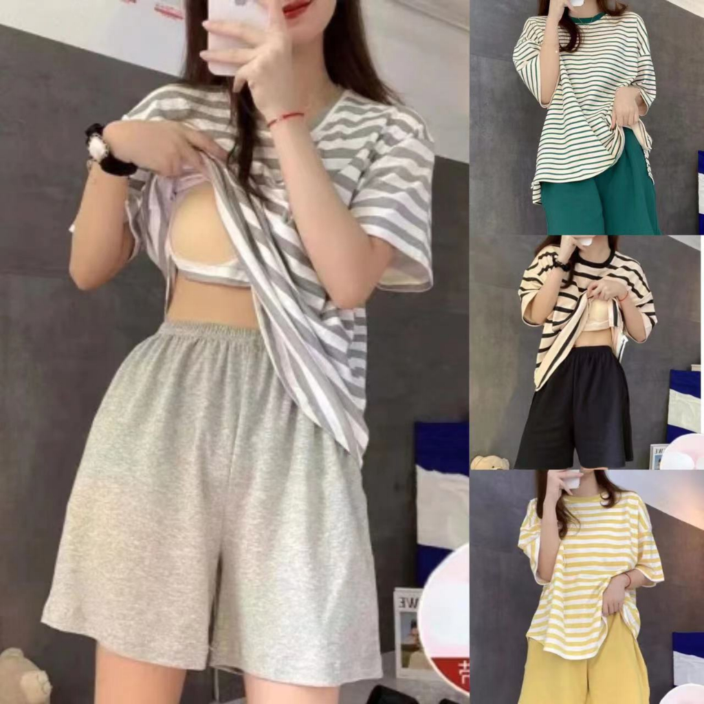 🔥🔥M-4XL，ราคาที่ถูกที่สุด，ชุดนอนผู้หญิง， ลายขวาง， ผ้าฝ้ายเนื้อนุ่ม， 4 สี， ชุด 3 ชิ้น，ขาสั้น+เสื้อ+ฟองน้ํา - รูปที่ 2