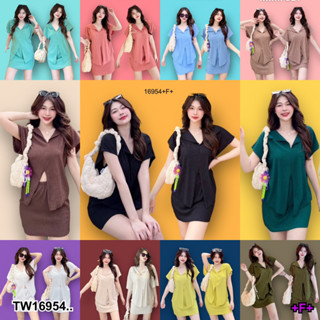 TwinsShopVip💗พร้อมส่ง TW16954 เซ็ท 2 ชิ้น เสื้อเชิ้ตคอวีแขนสั้น + กระโปรง ..