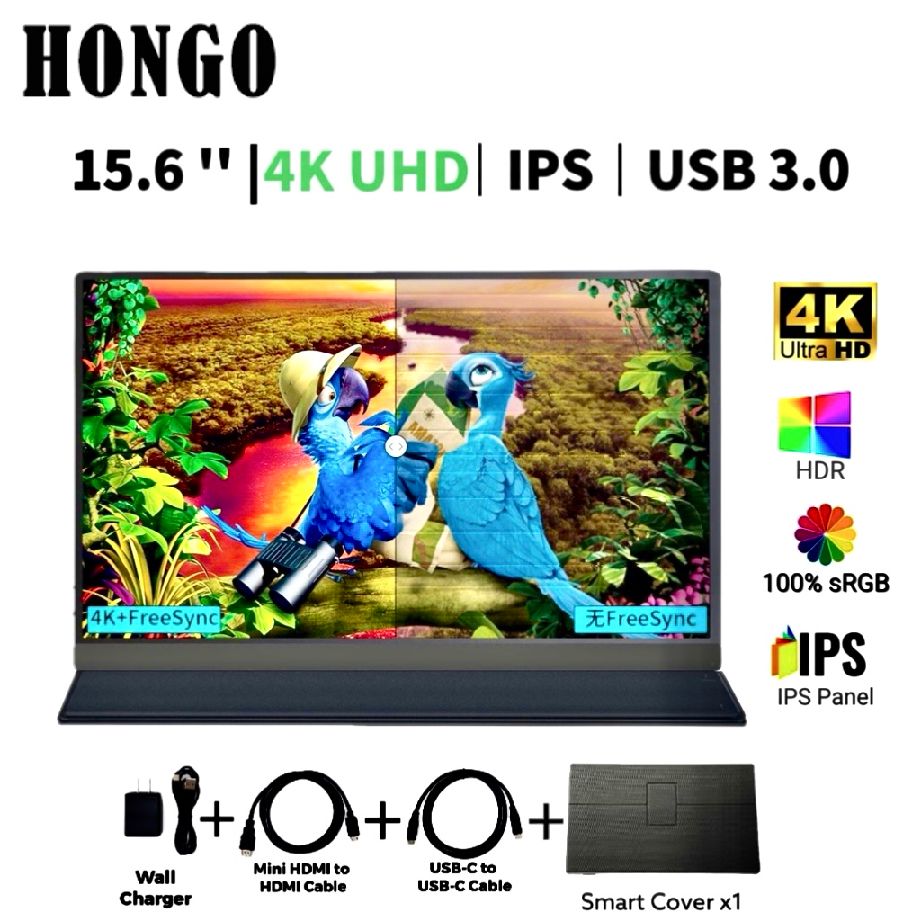 HONGO จอแสดงผลแบบพกพา 15.6 นิ้วบางเฉียบ 4K Ultra HD IPS พร้อมกระเป๋าหนังสำหรับ PS4 / 5 / Xbox / Nintendo Switch