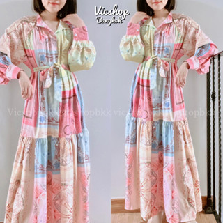 Maxi dress เดรสไปทะเล แม็กซี่เดรสยาวทรงหลวม over size ผ้าไหมอิตาลีลาย​ คอกลมแบบสวมติดกระดุมหน้าแขนยาว พร้อมเชือกผูกเอว