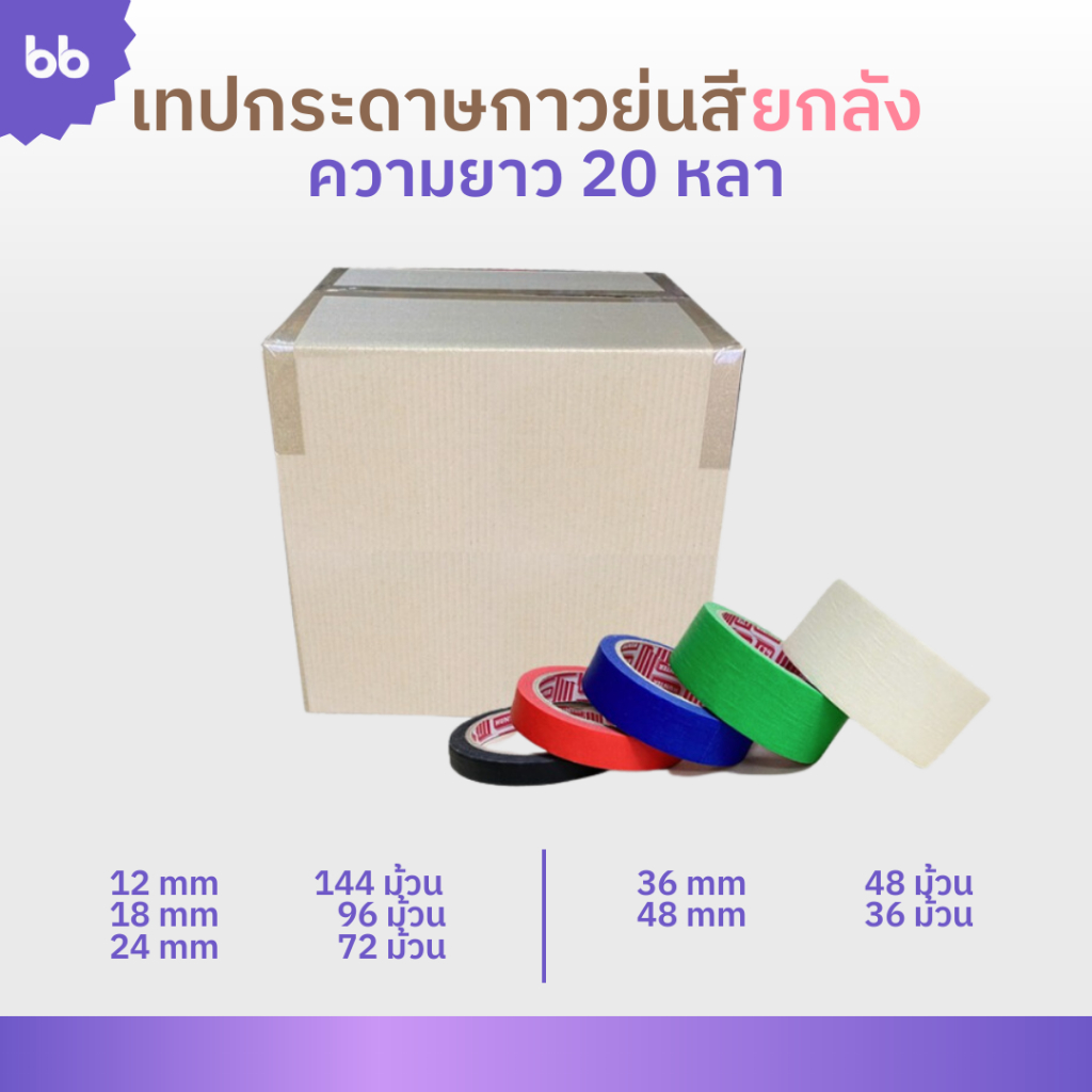 เทปย่นสียกลัง เทปกระดาษกาวย่น เทปหนังไก่ ขนาด 12 ,18 ,24 ,36 ,48 มม.ยาว 20 หลา Masking tape กระดาษกาว ฉีกได้ เทปบังพ่นสี