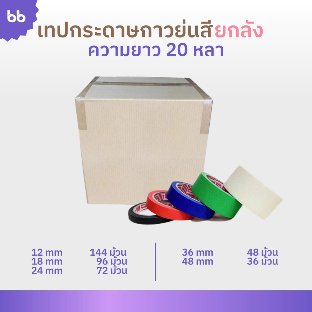 เทปย่นสียกลัง เทปกระดาษกาวย่น เทปหนังไก่ ขนาด 12 ,18 ,24 ,36 ,48 มม.ยาว 20 หลา Masking tape กระดาษกาว ฉีกได้ เทปบังพ่นสี