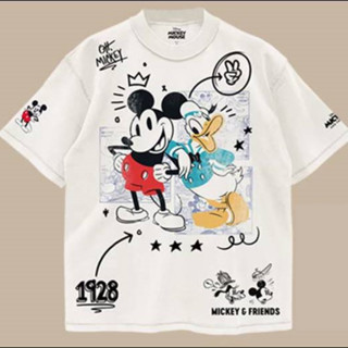 Power 7 Shop เสื้อยืดการ์ตูน ลาย MICKEY MOUSE ลิขสิทธ์แท้ DISNEY งานวินเทจ เย็บกลับตะเข็บ ฟอกเฟด-สีขาว (MPX-006)