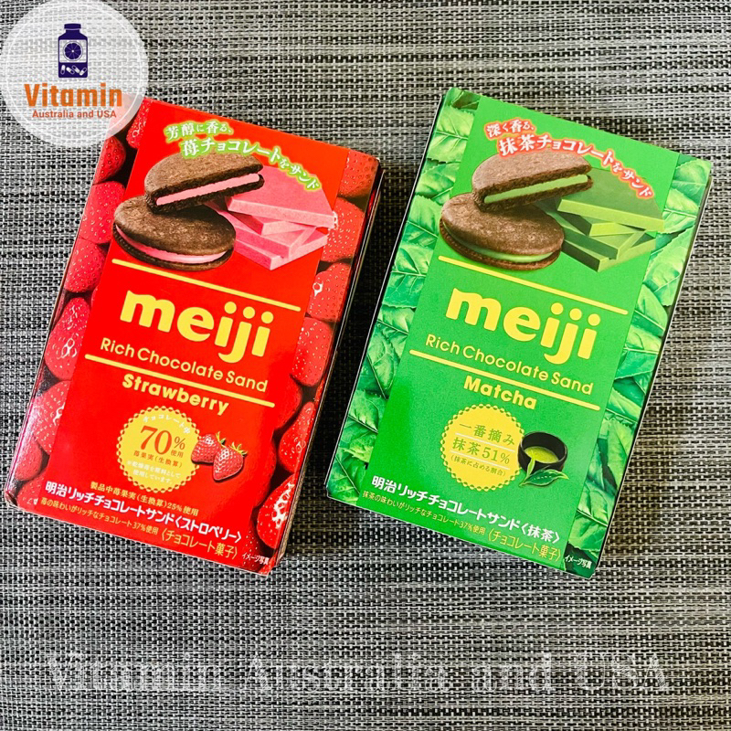 meiji Rich Strawberry และ Meiji Rich Matcha คุกกี้ช็อคโกแลตสอดไส้ครีมชาเขียวและครีมสตอเบอร์รี่ ขนมญี่ปุ่น