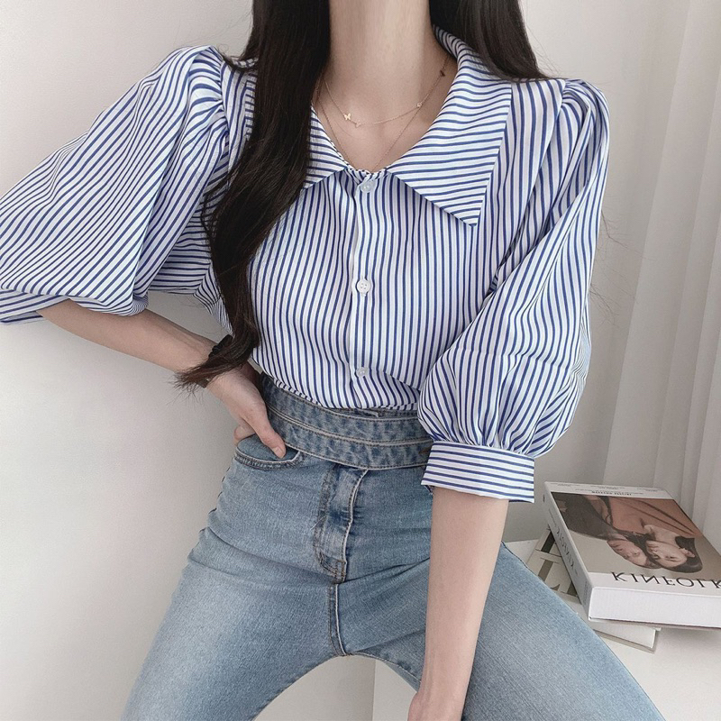 New📍พร้อมส่ง 24ชม. ไซส์ M-4XL📍เสื้อเชิ้ตแขนสั้น ลายทาง มี 2 สี สไตล์เกาหลี ฝรั่งเศส เรโทร เหมาะกับฤดูร้อน สําหรับผู้หญิง