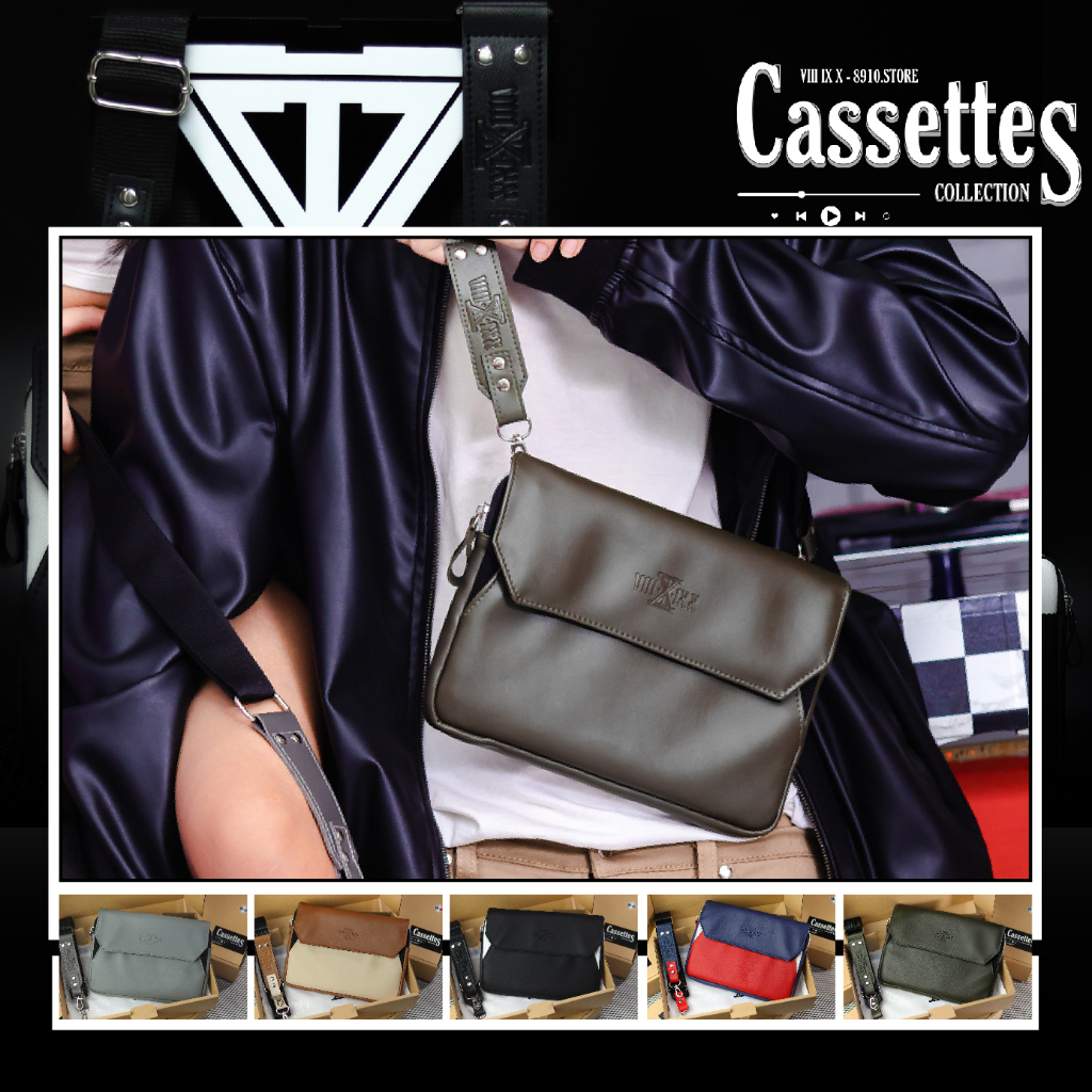 CASSETTES กระเป๋าสะพายข้าง แบรนด์ 8910 ขนาดใส่ ipad mini แบรนด์ไทย หนังPU ผ้าแคนวาส