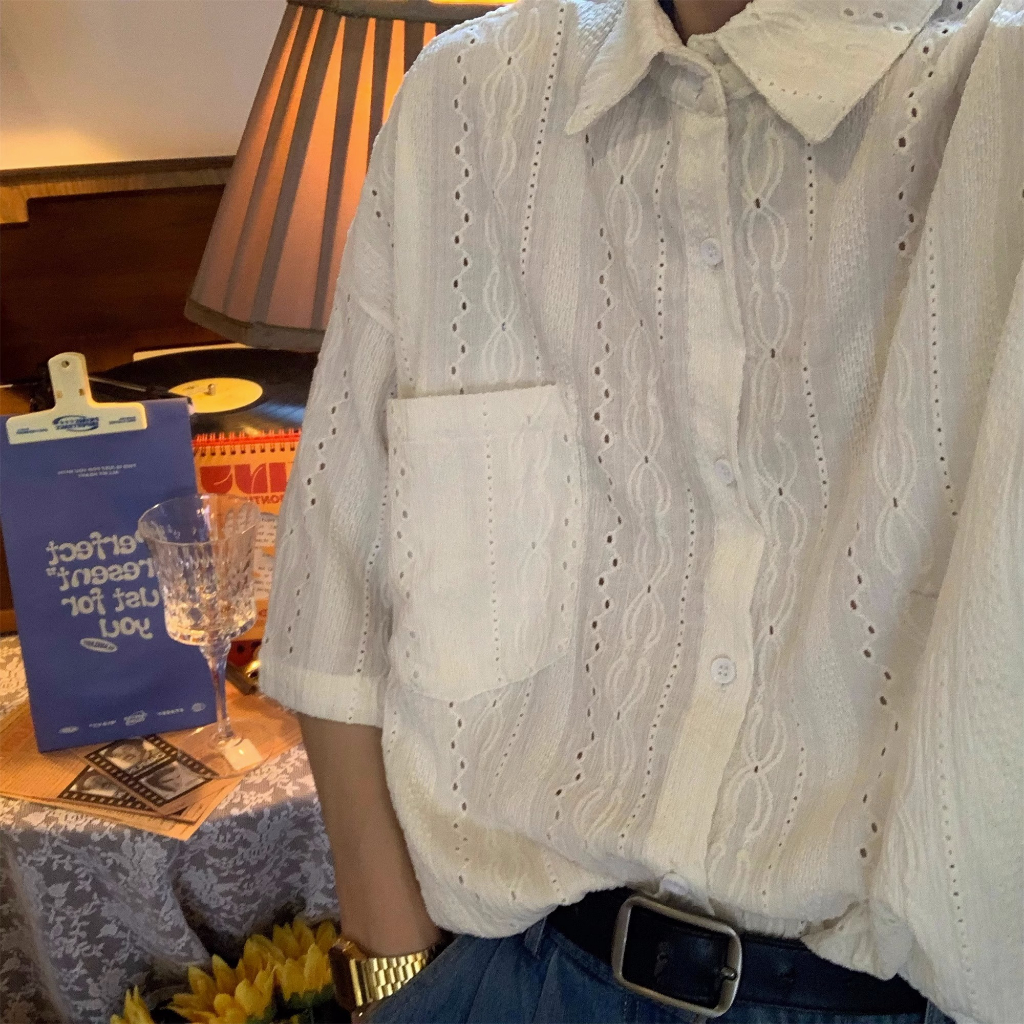 ล้างสต็อก⚡️ CTAC664 เสื้อเชิ้ตลูกไม้แบบมีกระเป๋าผู้ชาย oversize เสื้อเชิ้ตแฟชั่นสตรีทสไตล์เกาหลี ทรงหลวม – โปรปัง