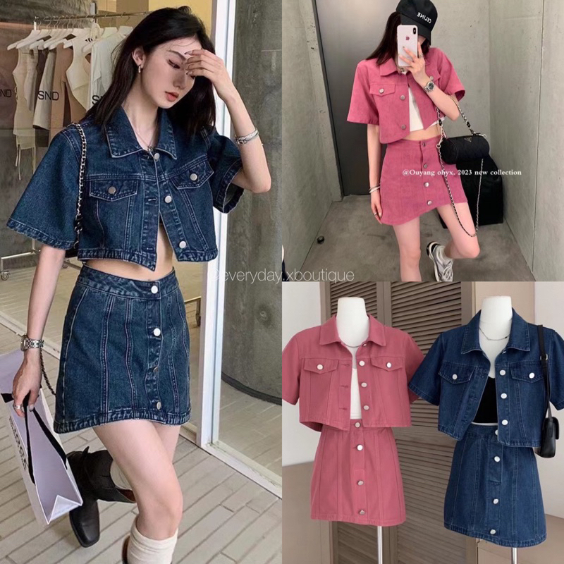 NEW•DENIM SET💙💗(S,M 680฿ฟรีส่ง) เซทเสื้อ+กระโปรงยีนส์ เข้าเซทกัน น่ารักมาก งานฟอกสีสวยสุดๆ ผ้าเนื้อด