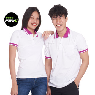 เสื้อโปโลสีขาว ปกม่วงมะปราง ริ้วขาว polopeak