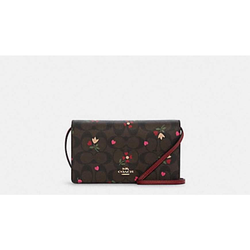ANNA FOLDOVER CLUTCH CROSSBODY IN SIGNATURE CANVAS WITH HEART PETAL PRINT (COACH C7656) GOLD/BROWN MULTI