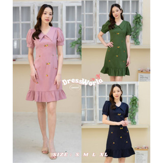 (เช็คของก่อนโอนเงิน) {S-XL} 9347 งานป้าย Dress World ชุดเดรสสั้น คอปก สีพื้น ปักลายดอก ใส่ได้ทุกงานเลยจ้า