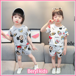 Beryl kids🌸ชุดเซ็ทเด็ก ผญ เสื้อผ้าเด็กผญ🎀ชุดเสื้อยืดแขนสั้นลายการ์ตูนสำหรับเด็กชายและเด็กหญิง ชุดมิกกี้เมาส์2ชิ้น