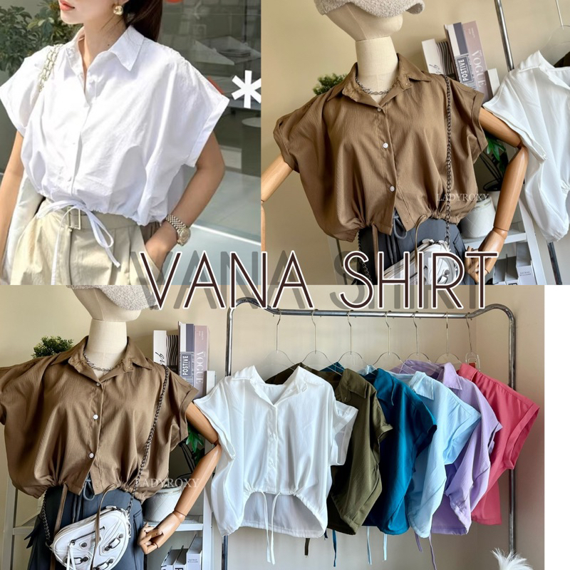 VANA SHIRT เสื้อเชิ้ตเเขนสัันทรงครอป เเต่งเเขนเบิ้ล มีดีเทลเชือกรูด ปรับสายได้อก44"