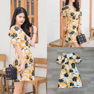 ♥️ M7 Ticha Dress เดรสสั้น คอวี แขนสั้น ลายดอก ไซส์ S-XL