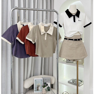 เสื้อครอปแขนสั้นคอปก ครอปทูโทน แต่งสีสลับแนวเกาหลี ครอปน่ารักๆ ป้าย G-rose.
