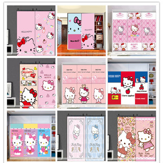 HELLO KITTY ตู้ใส่เสื้อผ้าโน้ตแปะปรับปรุงใหม่ติดด้วยตัวเองประตูบานเลื่อนดันผลักโน้ตแปะฟิล์มติดกระจก KT การ์ตูนเฮลโลคิตตี