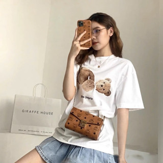 (พร้อมส่ง) 2⃣6⃣9⃣🐻🏷💓💓💓🈁 เสื้อยืดคอกลมแขนสั้นแต่งอะไหล่น้อนหมีใช้ ผ้ายืดสลาฟ