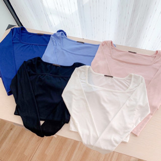🌷mayylody🌷 เสื้อคอเหลี่ยม  แขนยาว ผ้าร่องเล็ก น่ารักสุดๆๆๆ 🌼🍒🌸🍃 เสื้อครอป ครอป