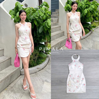♥️ M7 PIMALA Dress เดรสสั้น เดรสคล้องคอ ลายดอก กระโปรงผ่าหน้า