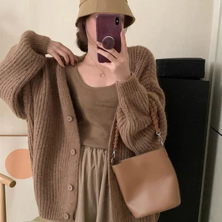 เสื้อคลุมไหมพรมคาร์ดิแกน สีพื้น แบบกระดุม เนื้อผ้าหนานิ่ม ทรงหลวม สไตส์เกาหลี