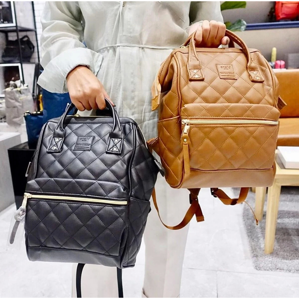 Anello แท้100% (แถมตุ๊กตา) Quilting Backpack PU leather กระเป๋าเป้สะสายหลัง