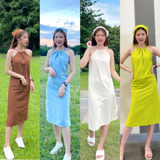 พร้อมส่ง✨Cotton dress style minimal เดรสสายเดี่ยวผ้าฝ้ายปรับสายได้+แถมฟรีผ้าโพกผม