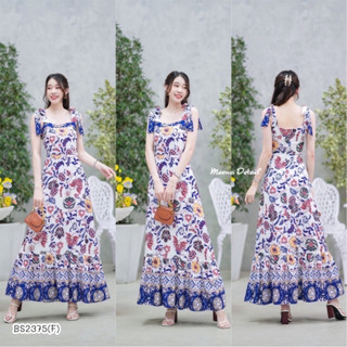 BS2375  MAxidress เดรสยาวผูกไหล่ พิมพ์ลายกราฟฟิกทั้งชุด ชายต่อระบาย ผ้าใส่สบายพริ้ว งานซิปหลัง สวยหรู ดูแพงสุดๆ    เนื้อ