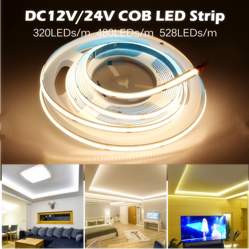 แถบไฟ COB LED Strip Lightพร้อมโคมไฟเส้น DC12V 24V แรงดันต่ำแถบไฟ ติดด้วยตนเองห้องนั่งเล่นตกแต่งตู้โคมไฟเชิงเส้น
