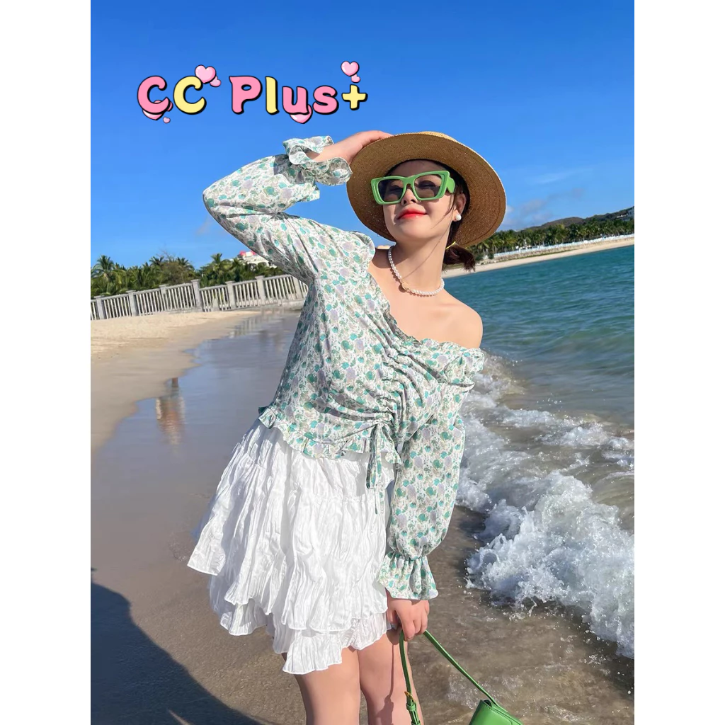 CiCi Plus+ SALE(3123)SETเสื้อแขนยาวผ้าชีฟอง+กระโปรง เชือกสามารถรูดปรับได้ กระโปรงแต่งระบาย 2 ชั้น มีซับใน สไตล์น่ารักๆ