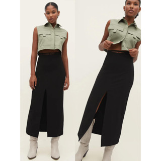 stradivarius LONG SMART SKIRT WITH WAISTBAND DETAIL  กระโปรงยาวผ่าหน้า เอวสูง ช่วงเอวมีเชือกผูกโบว์ เป็นแบบสวมมีซิป