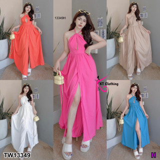 MF13349🍓 Maxi Dress แม็กซี่เดรสเชือกคล้องคอ เดรสผ้าไหมอิตาลี่ สีพื้น ผ่าแหวกหน้า เอวสม็อคหลัง ใส่ชิวๆรับลมริมทะเลเก๋ๆ