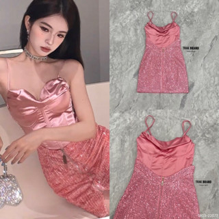 ♥️ M7 TRAK Dress เดรสสั้น สายเดี่ยว แต่งกริตเตอร์ สีชมพู ไซส์ S-L สำหรับผู้หญิง