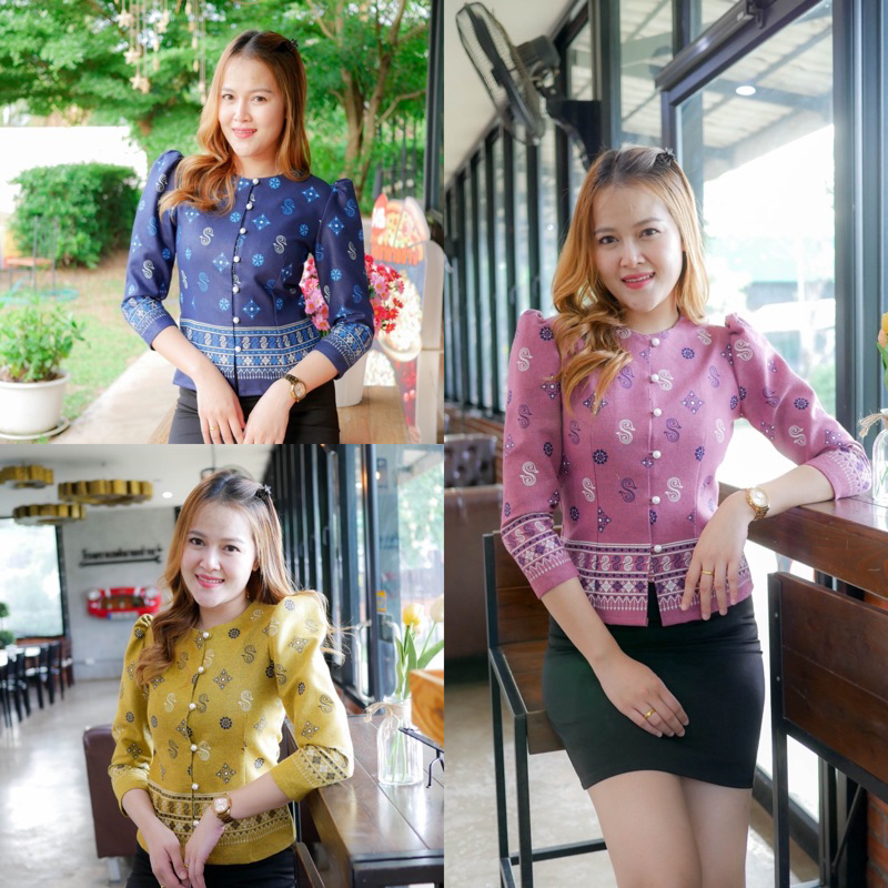 เสื้อผ้าไทย ลายดอกรักราชกัญญา อัดกาว ทรงไทยเรือนต้น แขน 5 ส่วน