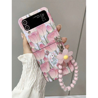 เคสซัมซุงทิวลิปกระต่าย+สายห้อย (Case Samsung Galaxy Z Flip3/4 5G) เคสมือถือ เคสจอพับ เคสเปิดปิด เคสลายดอก เคสชมพู