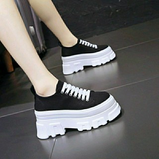 💗พร้อมส่งจากไทย💗 ดำ 38 รองเท้าผ้าใบส้นสูง 9 cm มี 4 ลาย Platform shoes  (A21)