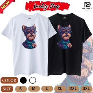 MEEDEE เสื้อยืด เสื้อยืดพิมพ์ลาย Lucky Dog หมานำโชค สี ขาว | ดำ ไซส์ S-3XL พร้อมส่ง