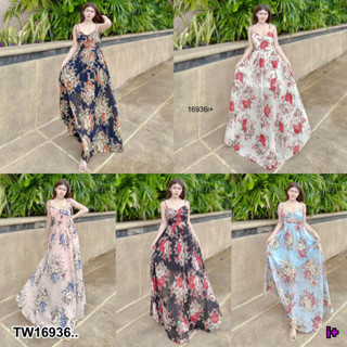 16936 เดรสยาว แขนกุด สายผูกไหล สม็อคหลัง Long dress, sleeveless, shoulder straps, smocked back