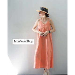 ~MONMONSHOP👗MON6890～ เดรสสายเดี่ยวผ้าลินิน ปรับความยาวสายได้ คอวีด้านหลังมียางยืด แต่งกระดุมด้านหน้า ชายปล่อย เนื้อผ้าดี