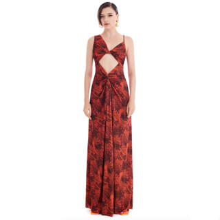 [MILIN] Opuntia Front draped and cutout detail V neck sleeveless ruched printed long dress เดรสยาวพิมพ์ลายคอวีแต่งรูด